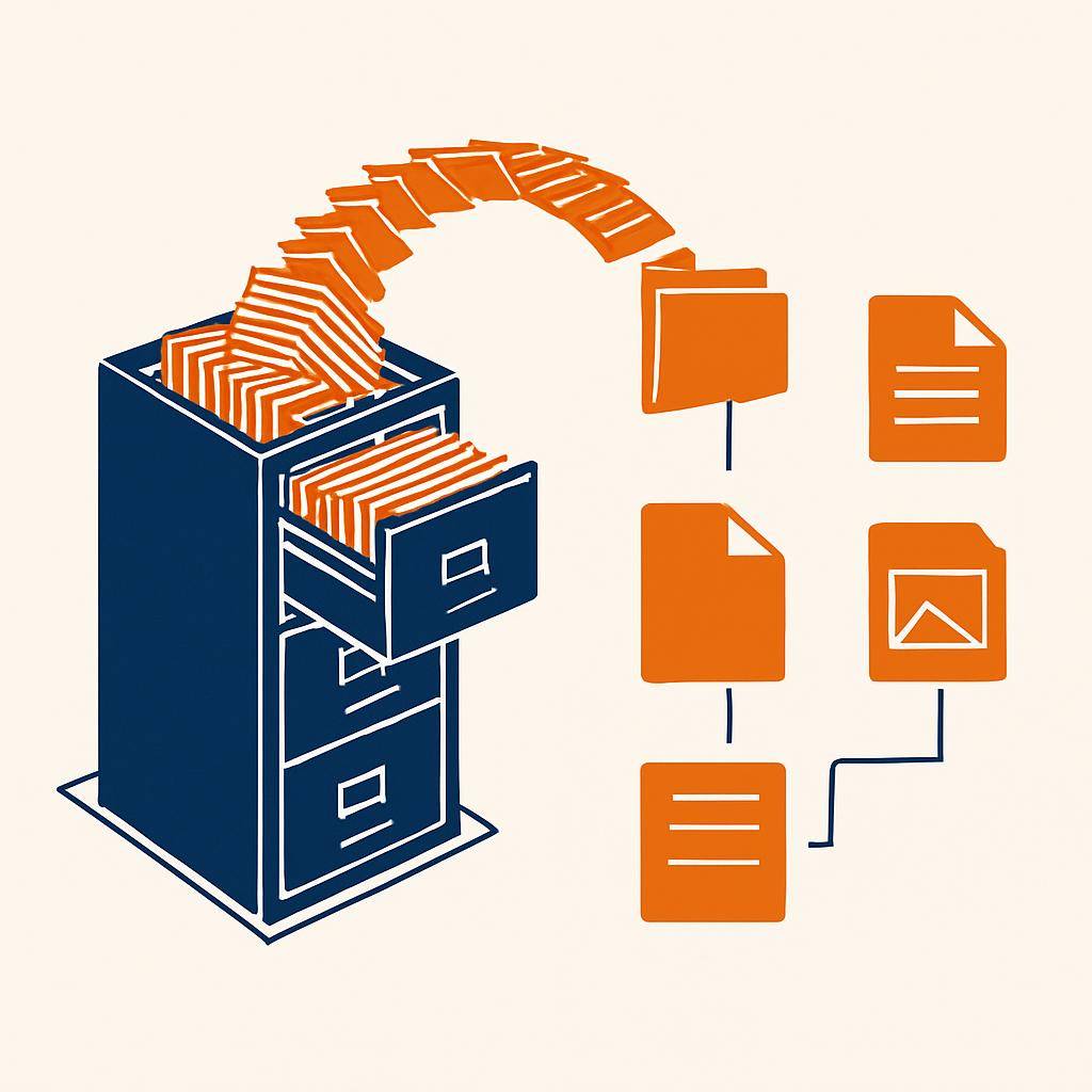 Drawings leaving a filing cabinet and becoming organised digital files